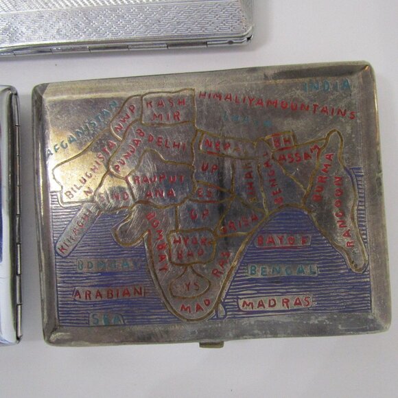 3 Metal Cigarette Card Cases Silverplate Vintage India Yoga Bollywood England - Picture 3 of 10